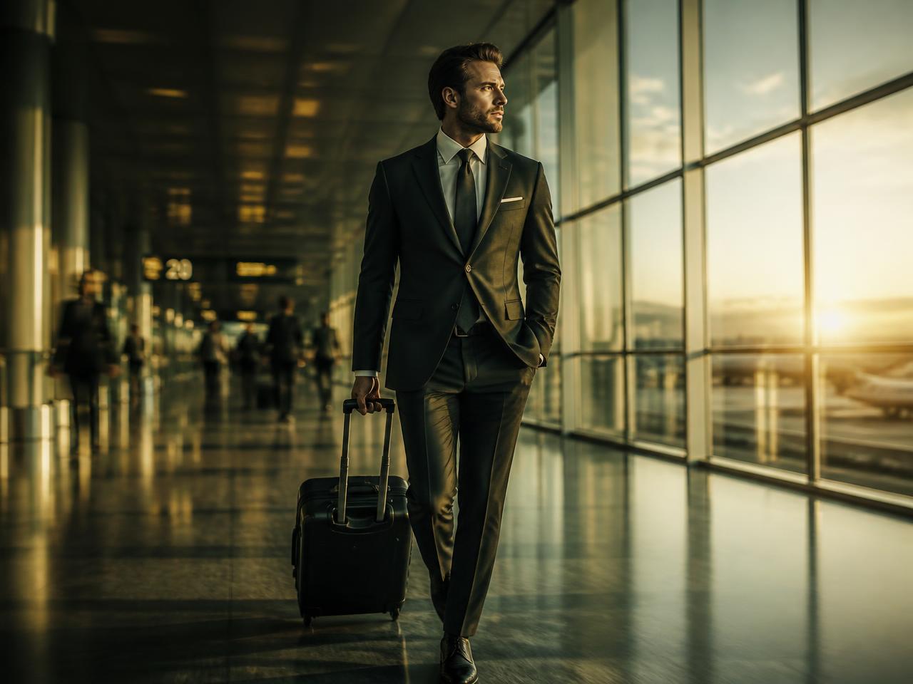Executivo caminhando por terminal de aeroporto internacional ao amanhecer